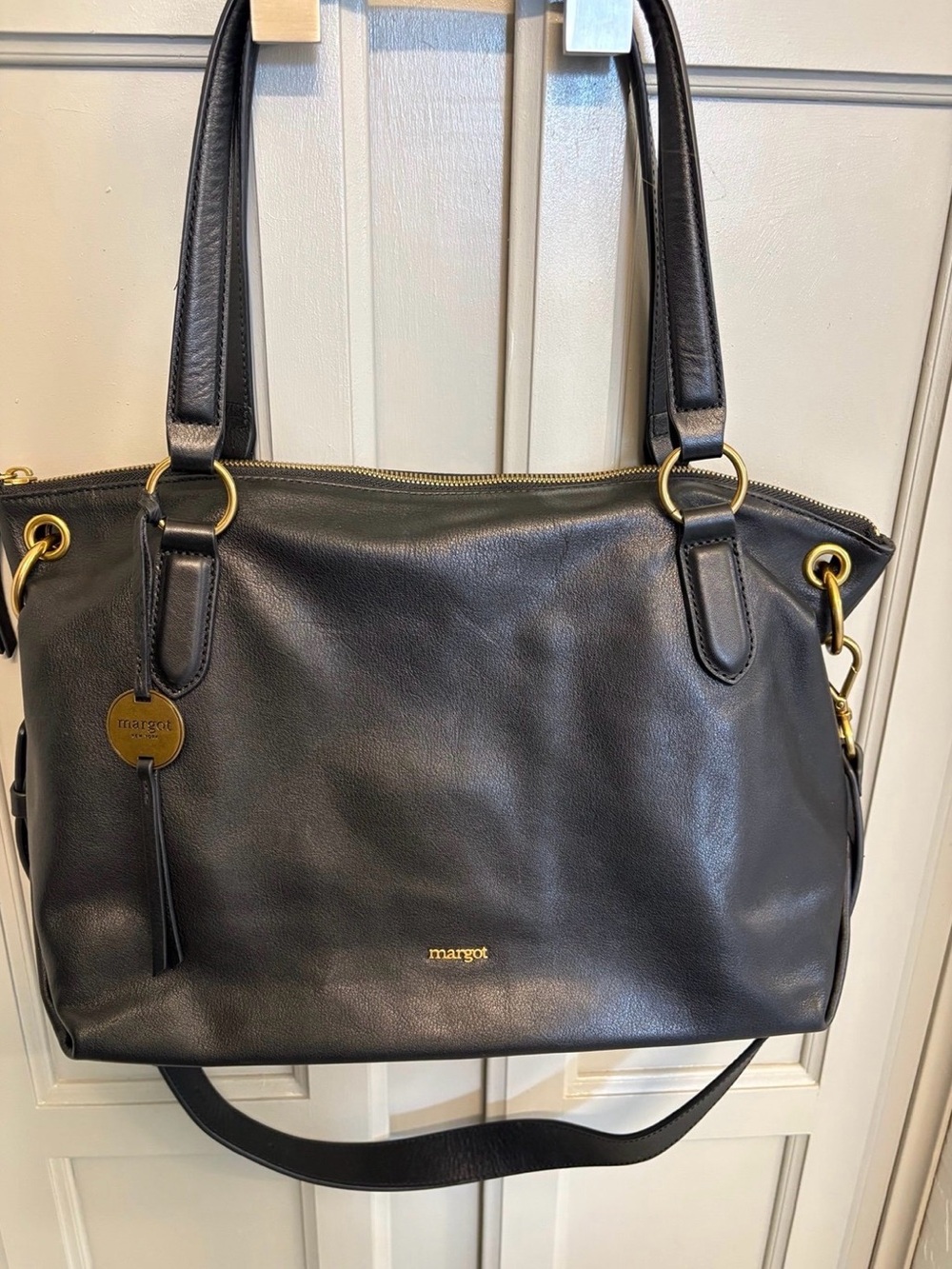 Margot New York Black Leather Shoulder Bag with Gold Hardware